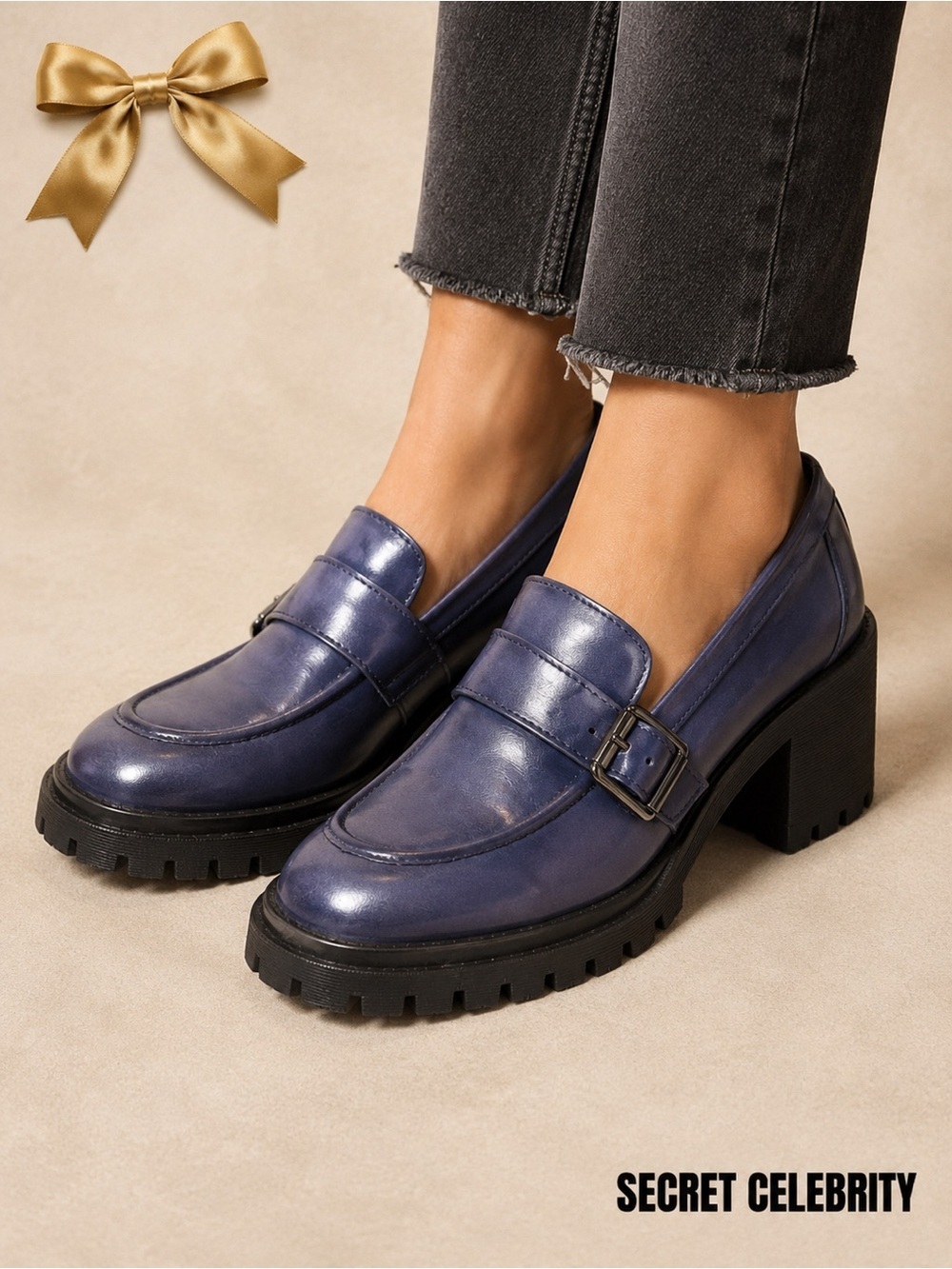 Secret Celebrity Platform Lug Heel Loafers Navy Blue Buckle Chunky Shoes Size 9